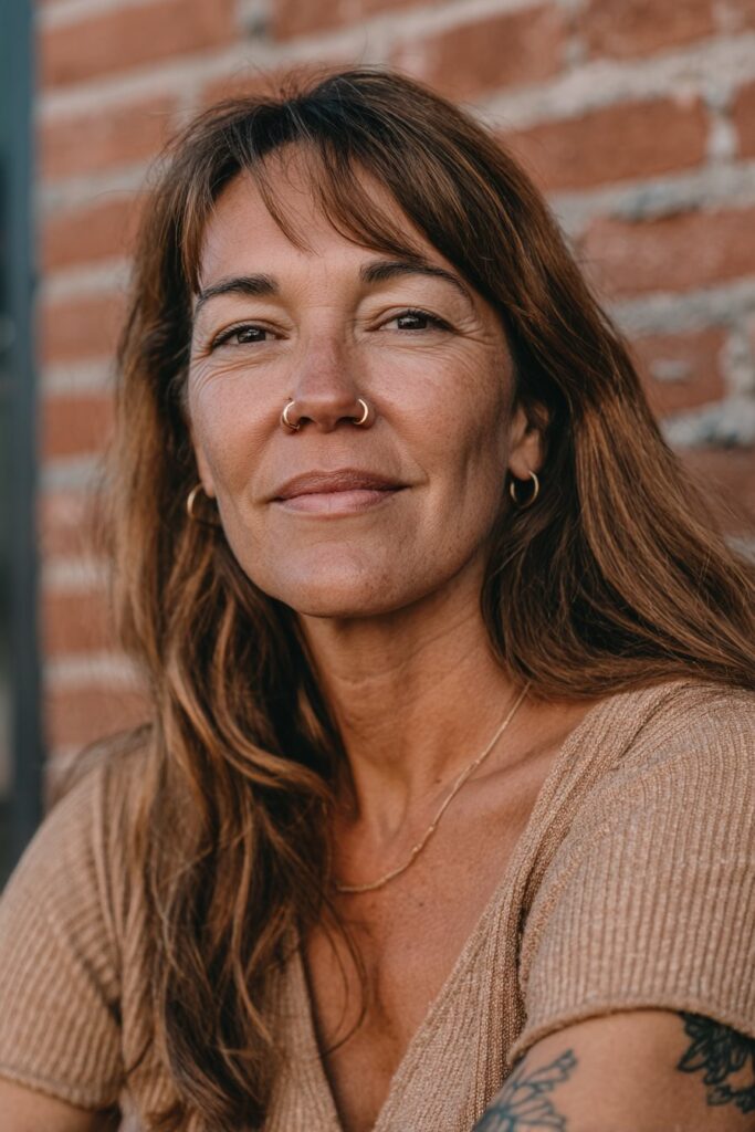 Woman over 40 with long hair and textured piecey bangs.