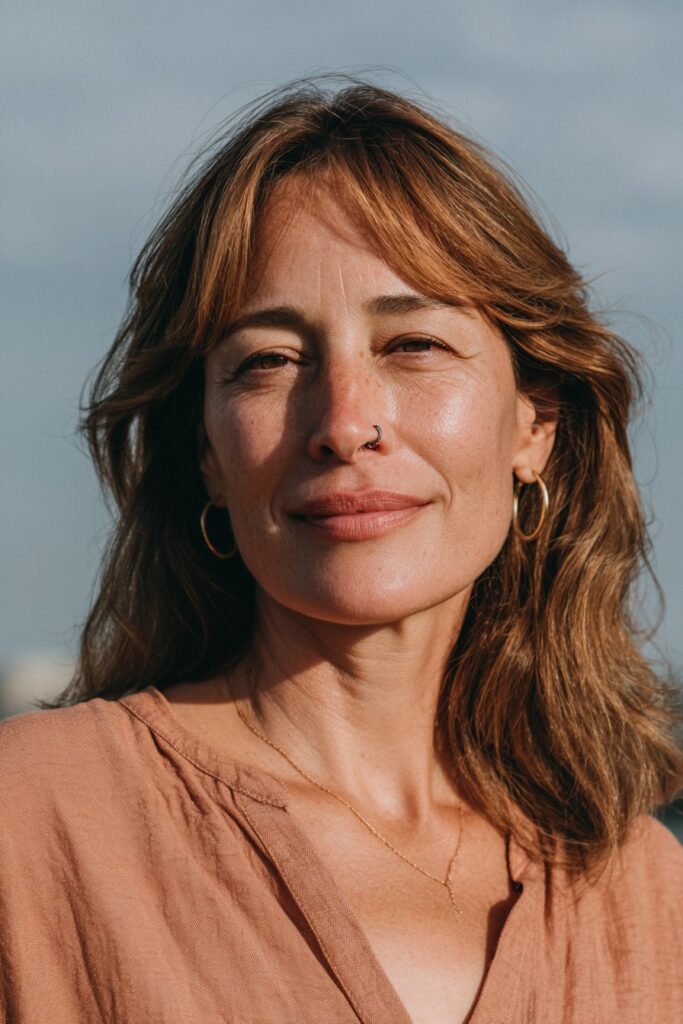 Woman over 40 with long layered hair and soft full bangs.