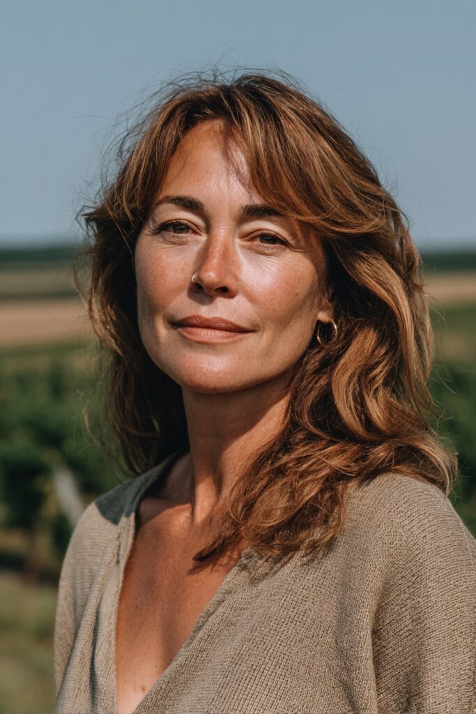 Woman over 40 with long layers and curtain bangs in honey brown hair.
