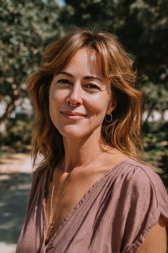 Woman over 40 wearing a long shag with choppy bangs and auburn layers.