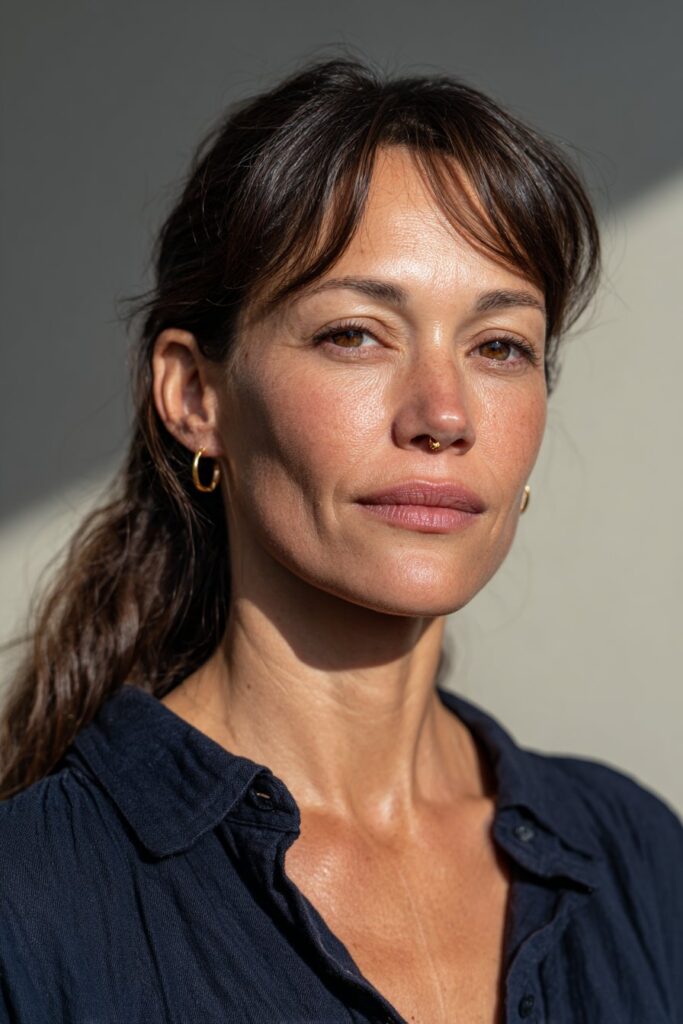 Woman over 40 with a long sleek ponytail and wispy bangs.