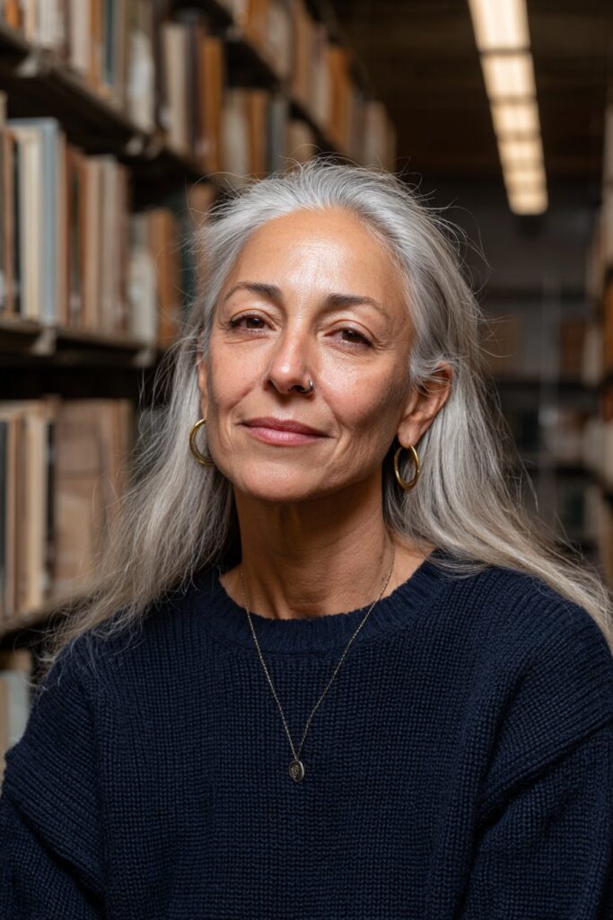 Woman over 50 with long straight gray hair and sleek silver strands