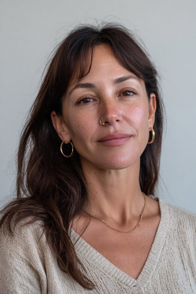 Woman over 40 with long straight hair and wispy bangs.
