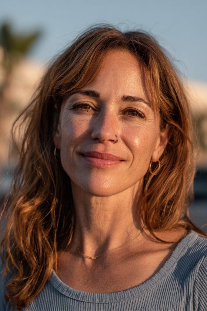 Woman over 40 with long waves and side swept bangs in chestnut brown hair.