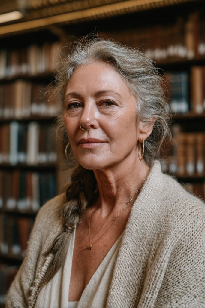 Woman over 60 with a loose side braid and silver hair.