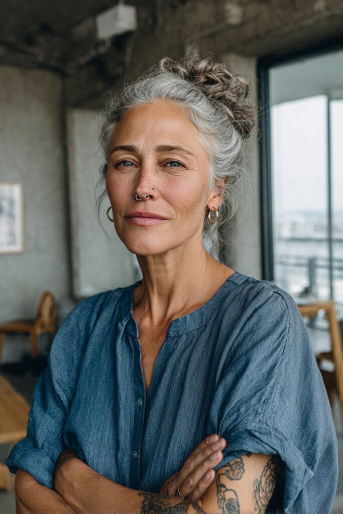 Older woman wearing a messy updo with loose tendrils.