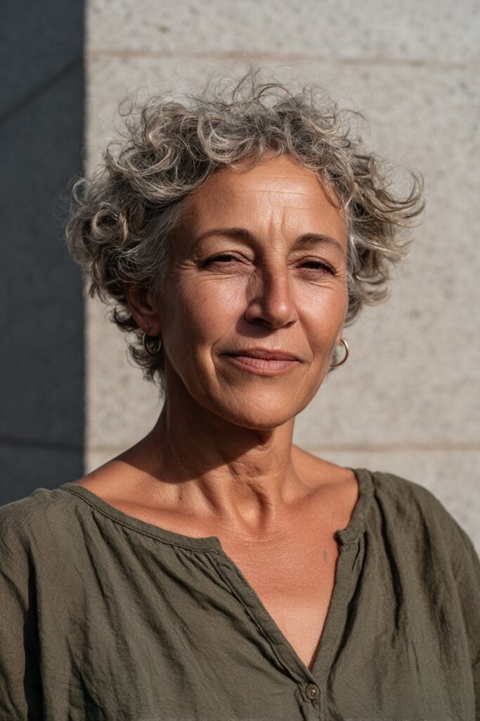 Woman with a natural textured crop and salt and pepper hair.