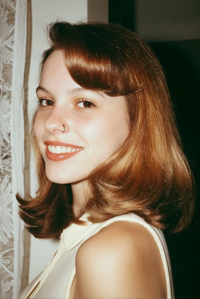 Woman with a 1950s pageboy featuring smooth layers and curled-under ends