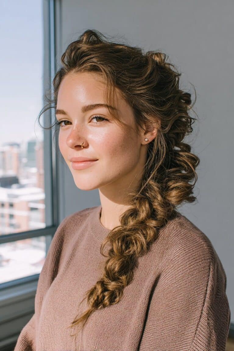 A woman with a pancaked side braid creating a fuller textured look