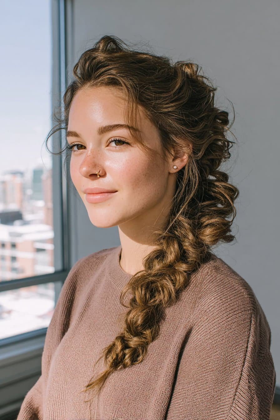 A woman with a pancaked side braid creating a fuller textured look