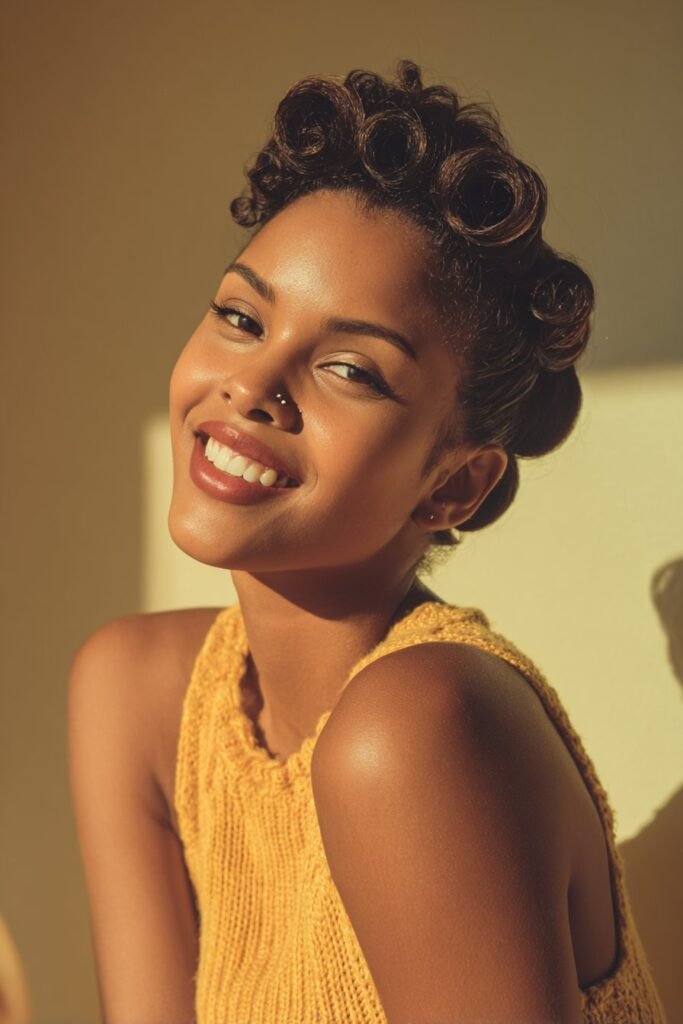 Black woman with a vintage pin curl set hairstyle