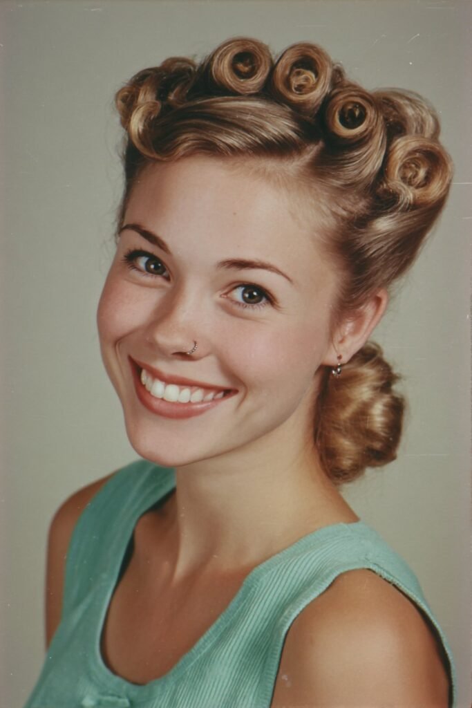 Woman with a 1950s pin curl updo featuring sculpted curls and rolled sections