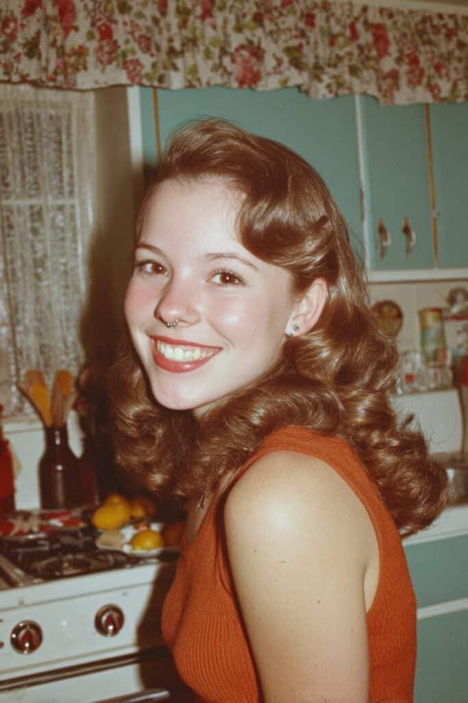 Woman with 1950s poodle curls featuring sculpted curls and vintage volume