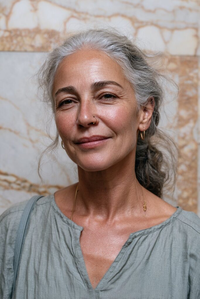 Older woman with a relaxed ponytail and gray hair.