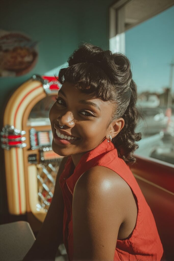 Black woman with a rockabilly ponytail hairstyle