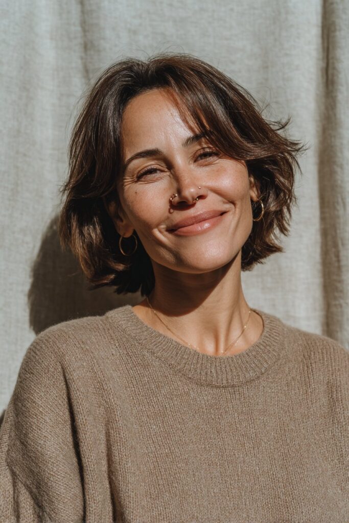 Woman over 40 with a rounded layered bob and curtain bangs.