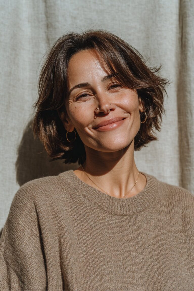 Woman over 40 with a rounded layered bob and curtain bangs.