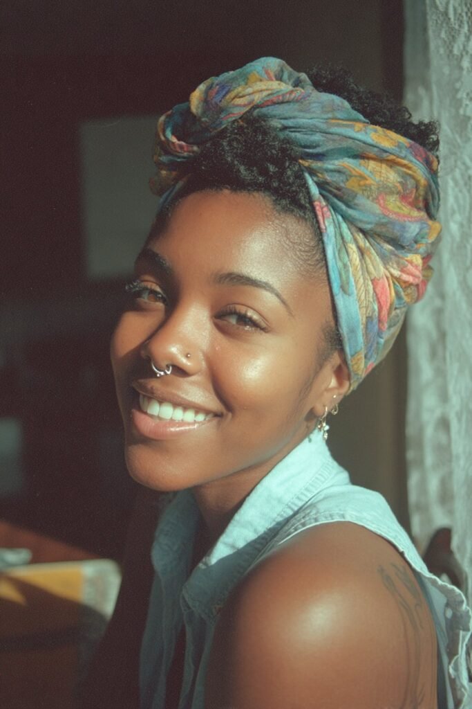 Black woman with a scarf-wrapped updo