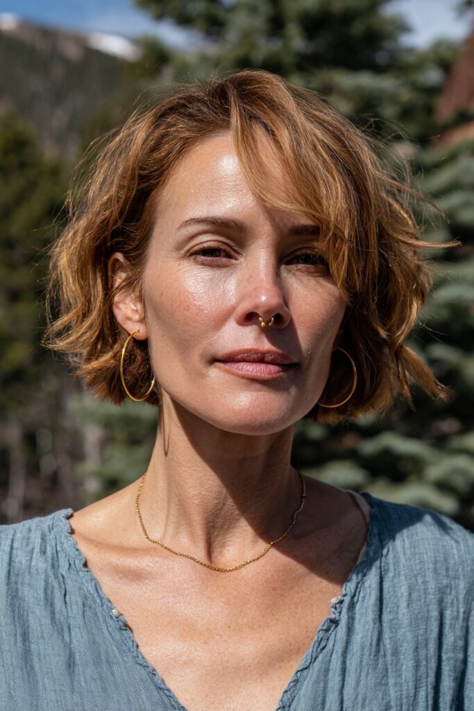 Woman with a short choppy layered bob for fine hair and textured ends.