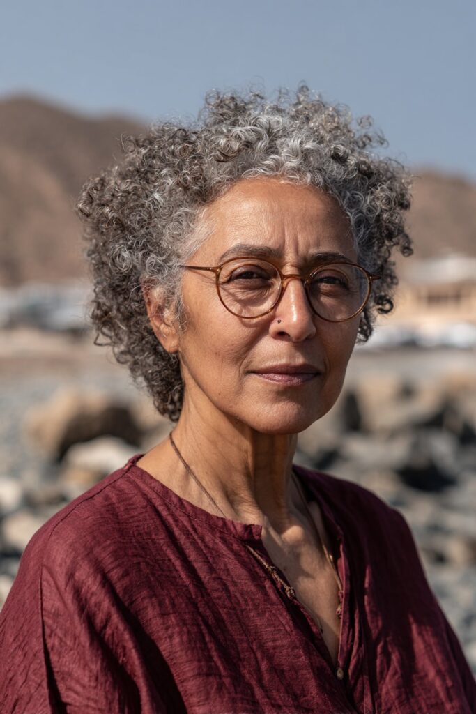 Older woman with a short curly afro and natural salt-and-pepper texture.