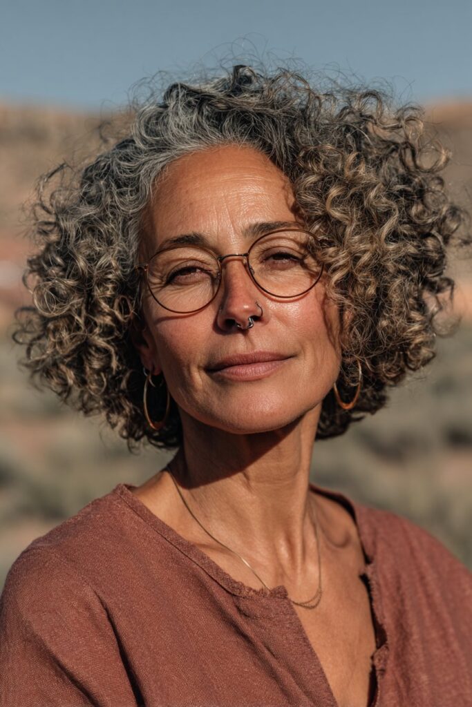 Woman over 60 wearing a short curly halo cut with rounded curls.