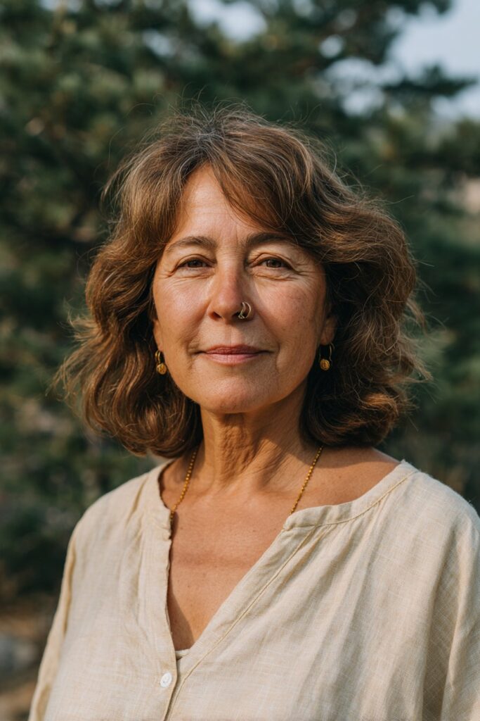 Woman with a shoulder length bob and soft caramel waves.