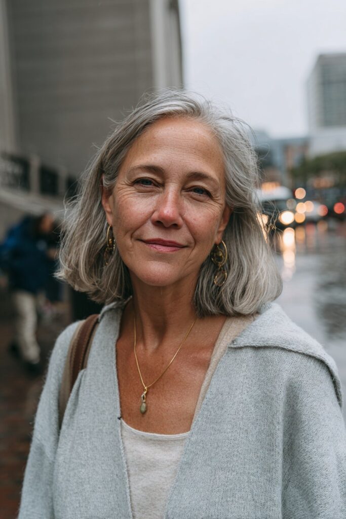 Older woman with a shoulder length cut for silver and gray hair.