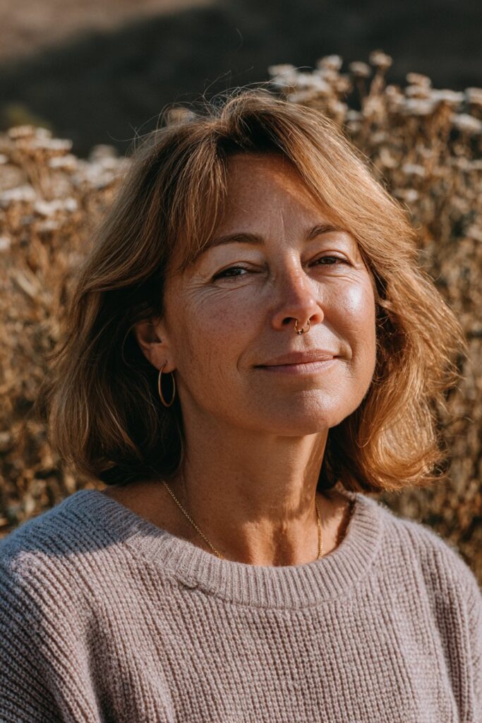 Older woman with a shoulder length cut and curtain bangs.
