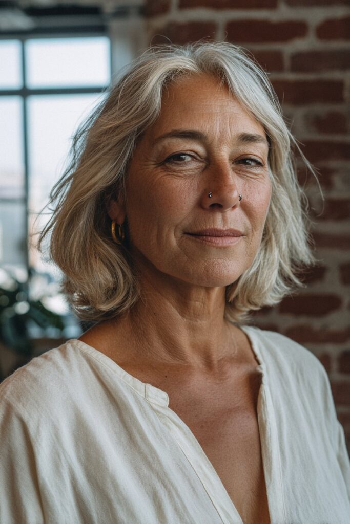 Woman with a shoulder length cut and face-framing blonde highlights.