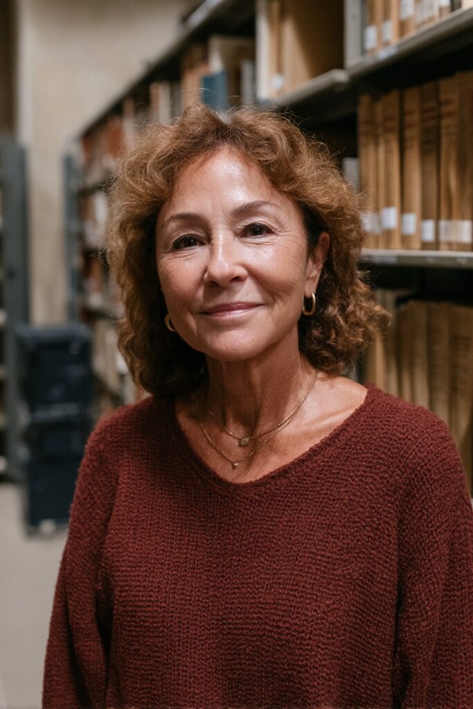 Woman with a shoulder length cut and soft auburn curls.