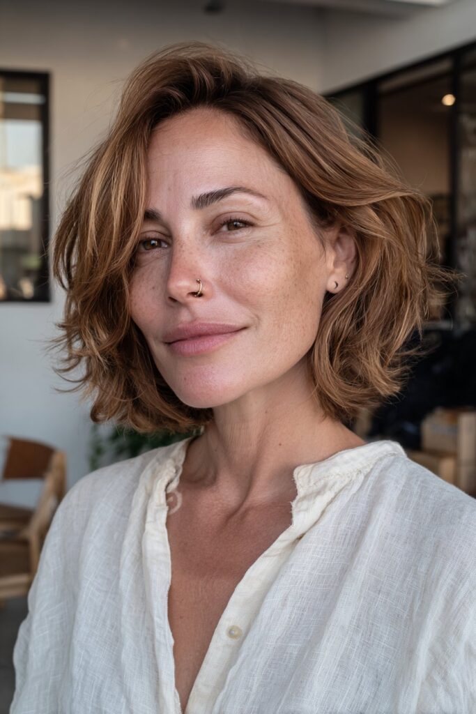 Woman with a shoulder-length fine hair layered bob.