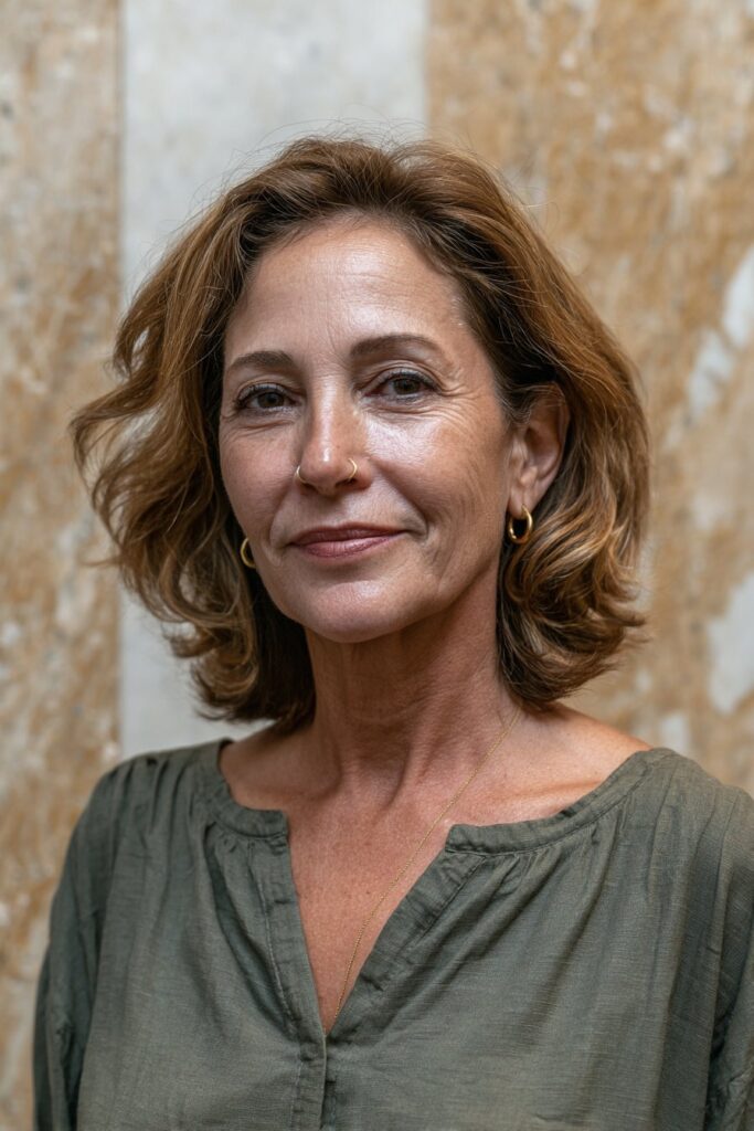 Older woman with a shoulder length flip cut and softly flipped ends.