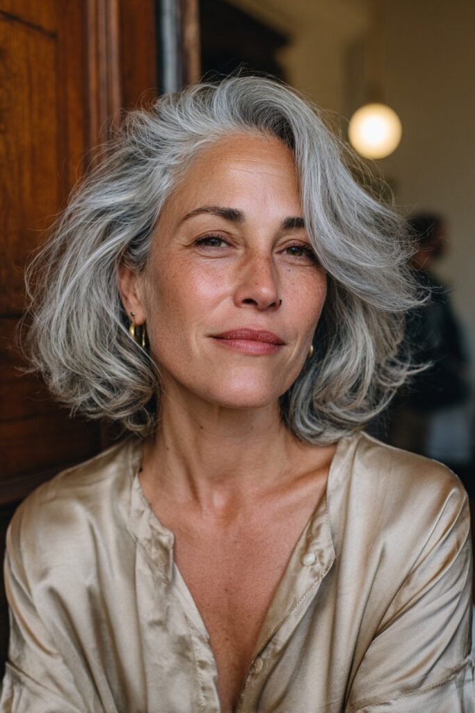 Woman over 50 with shoulder-length silver layers and feathered pieces