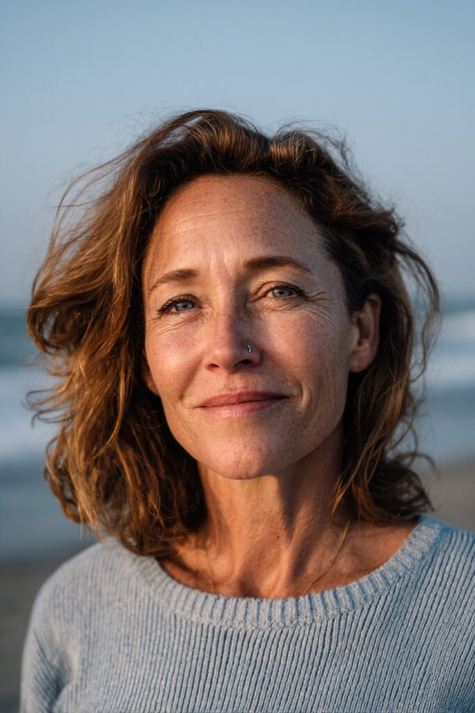 Woman over 60 with soft shoulder-length waves.