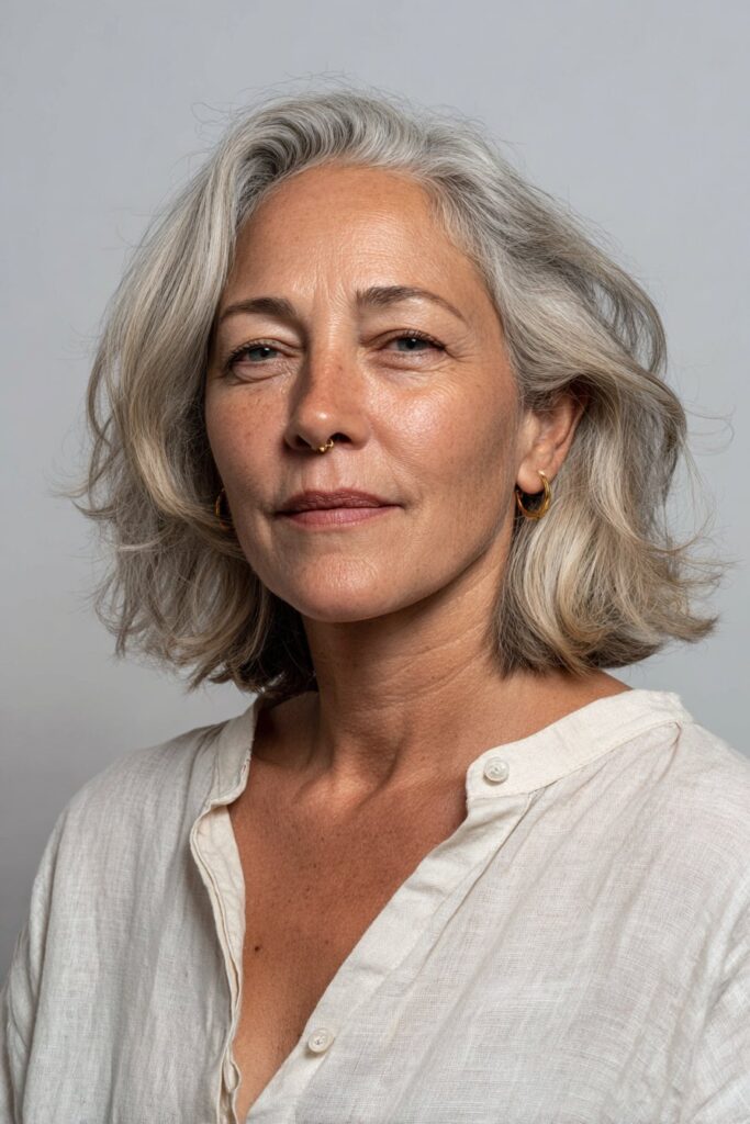 Woman with shoulder-length gray waves and minimal layers