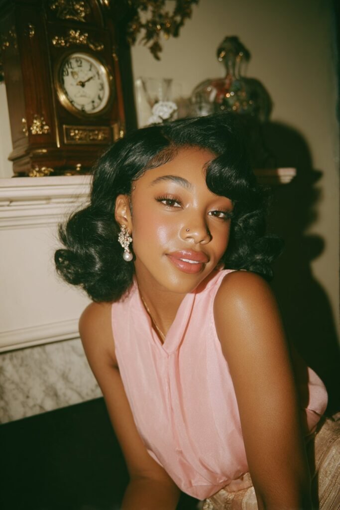 Black woman with side-parted glamour waves