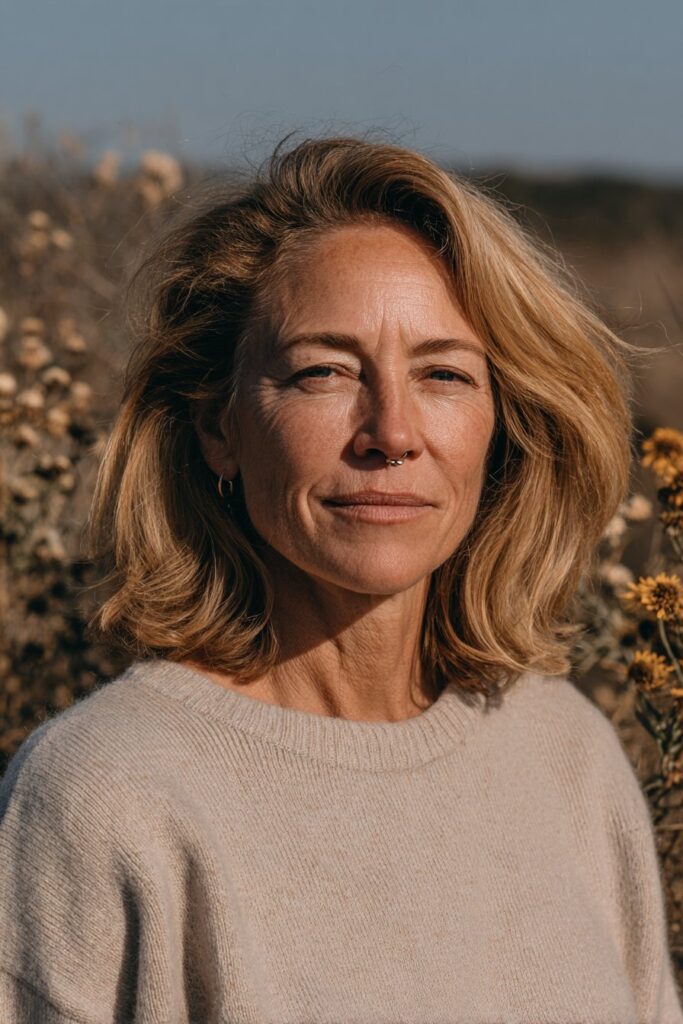 Woman with a side-swept lob and honey blonde hair.