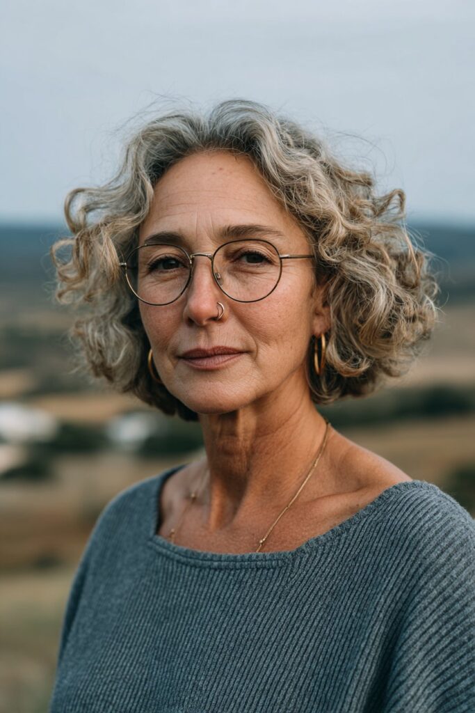 Older woman with a silver curly bob and natural volume around the face.