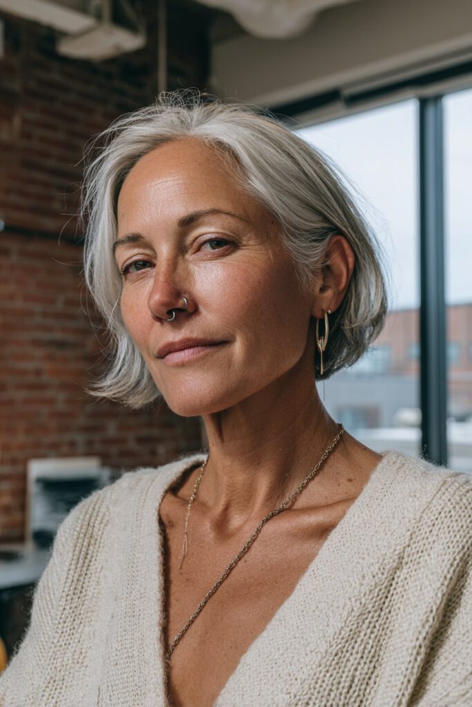 Woman over 50 with a silver stacked bob and soft crown volume