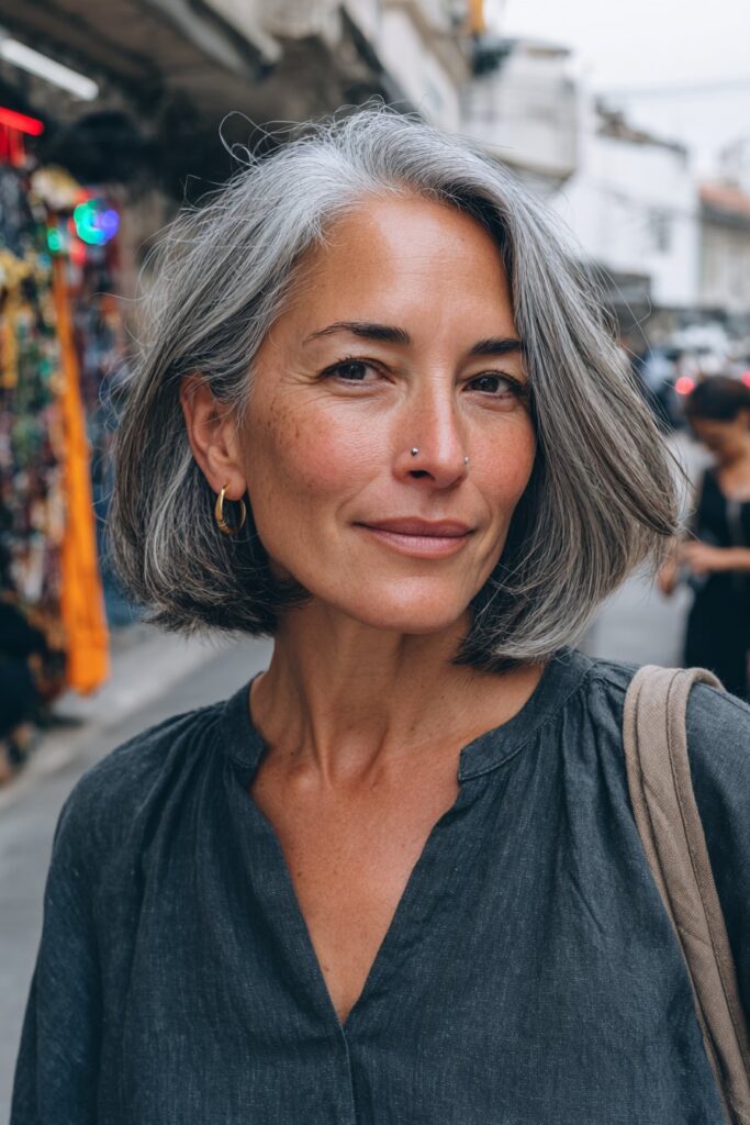 Woman over 40 with a sleek A-line layered bob.