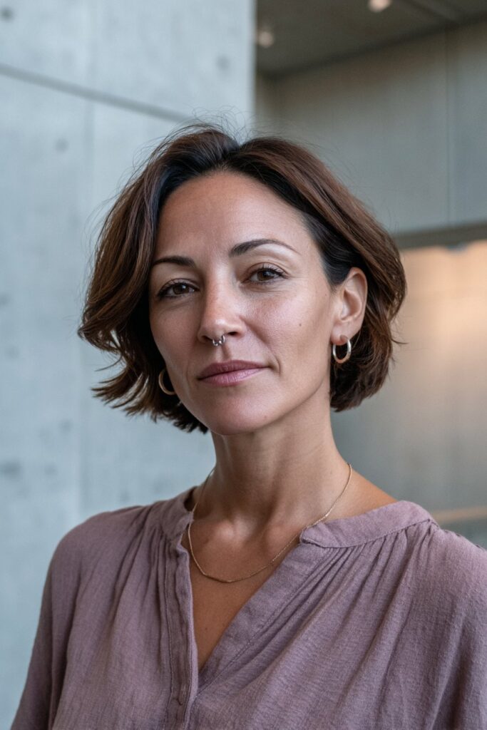Woman with a sleek chin-length layered bob and glossy brown hair.