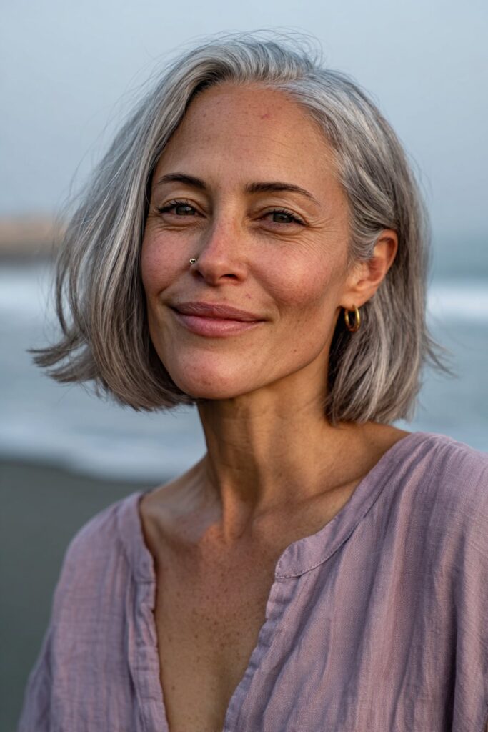 Woman over 50 wearing a sleek gray bob cut at the jawline