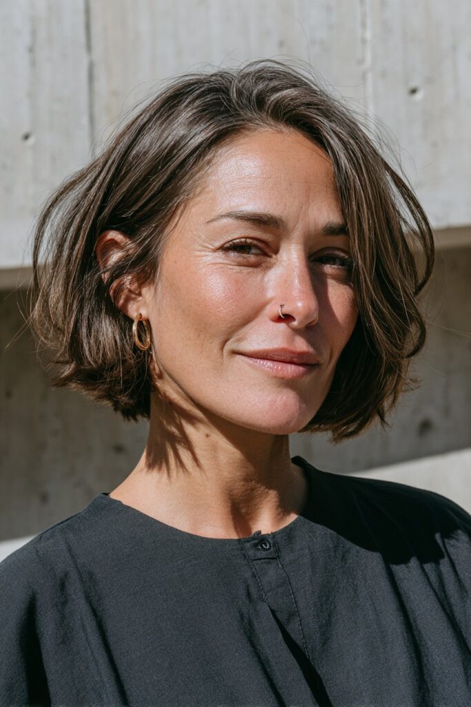 Woman with a sleek layered bob and deep side part.