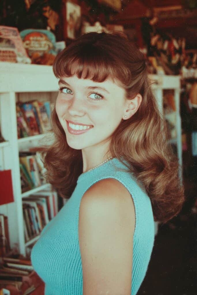 Woman with soft curled bangs and waves featuring flowing vintage texture