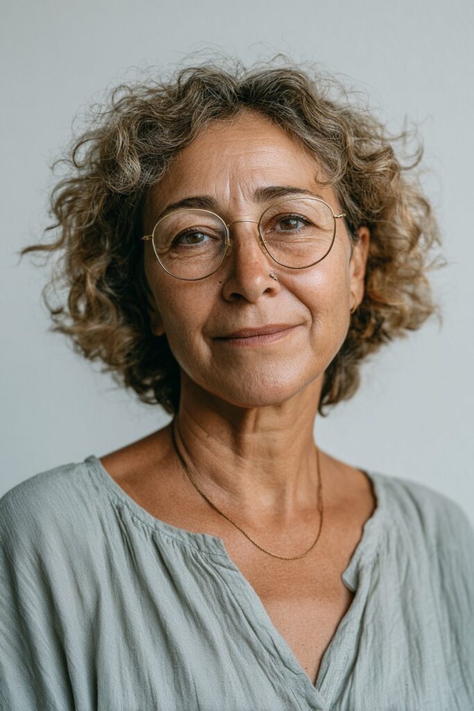 Older woman with a soft curly crop and wispy bangs.