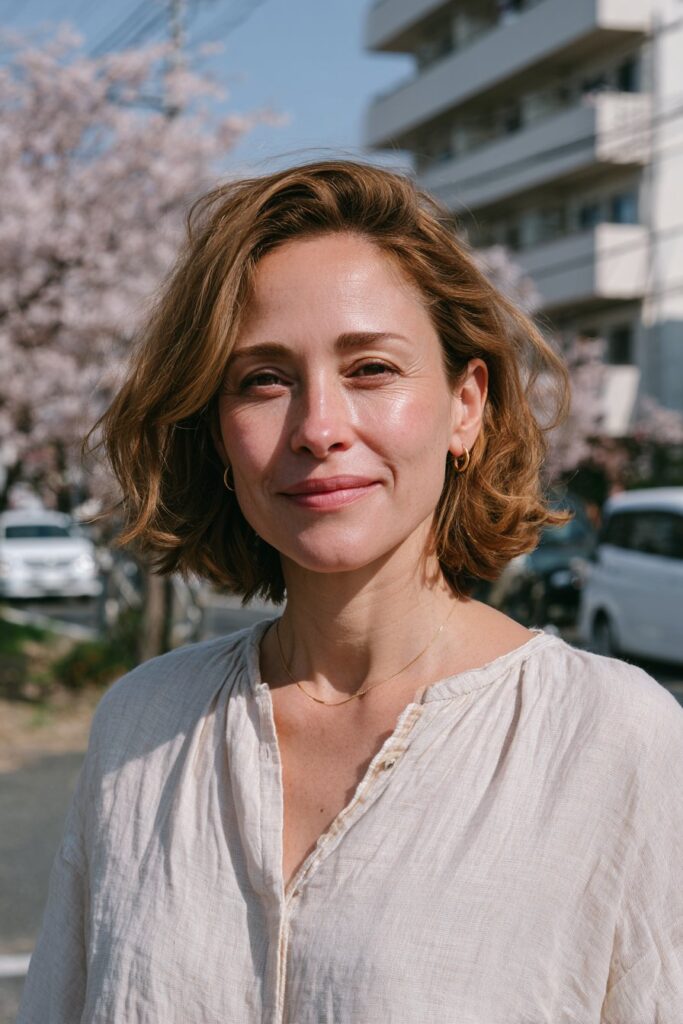 Woman with a soft feathered layered bob and honey brown hair.
