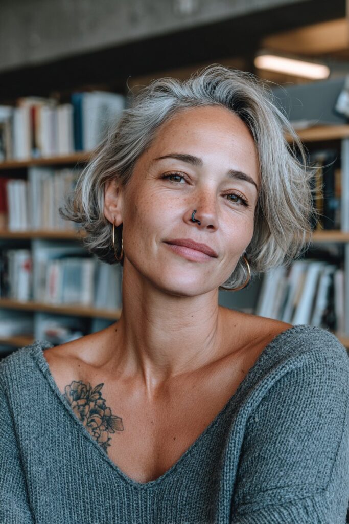 Woman with a soft pixie-bob hybrid and layered silver blonde hair.