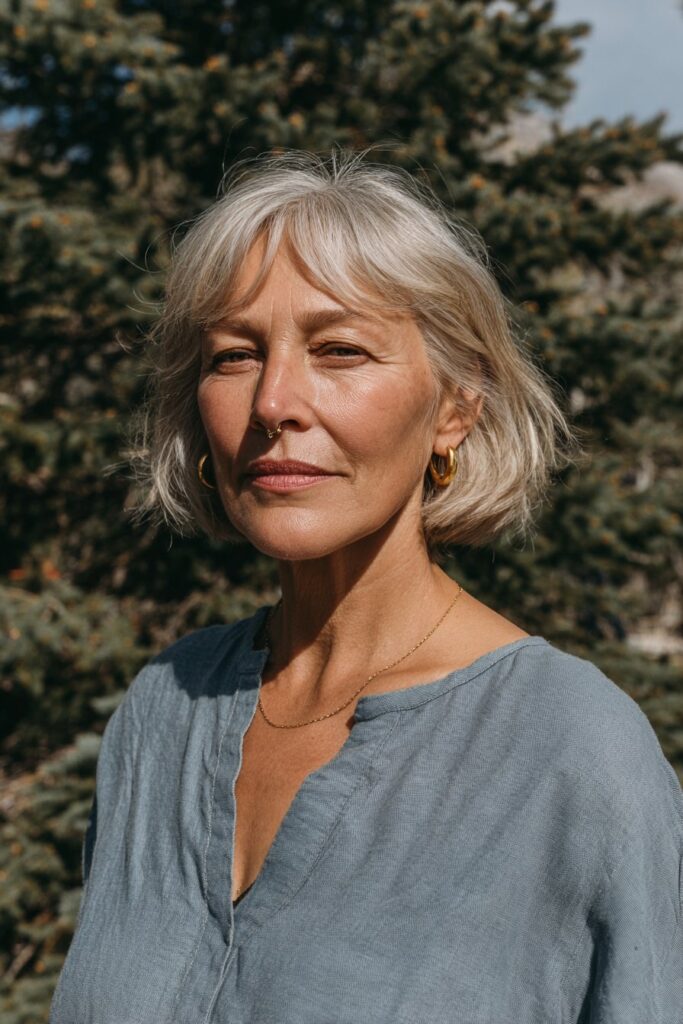 Soft wispy bob with side-swept bangs on silver hair