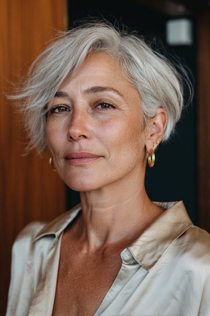 Older woman with a side-swept pixie haircut