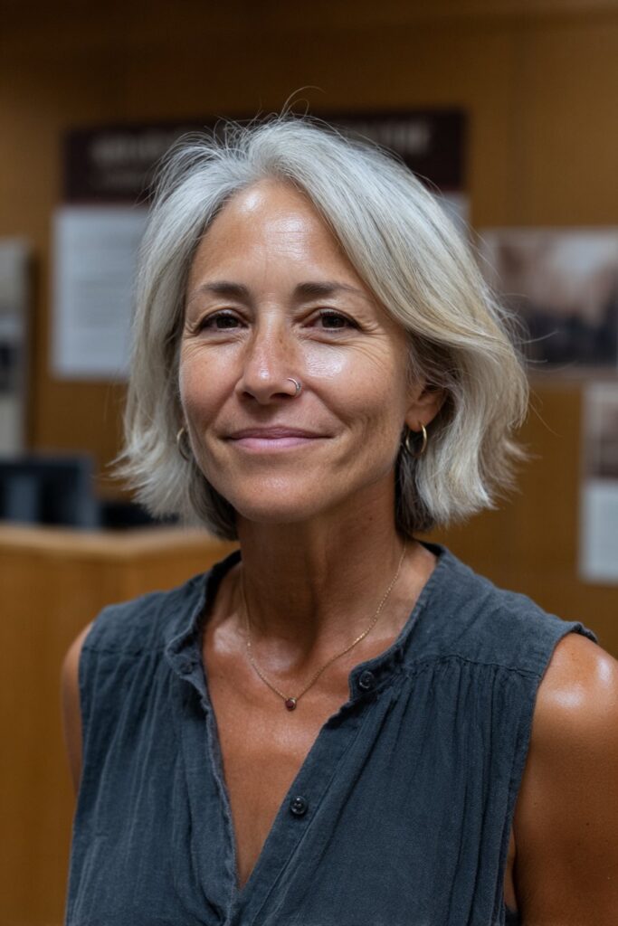 Woman with stacked bob and razored silver layers